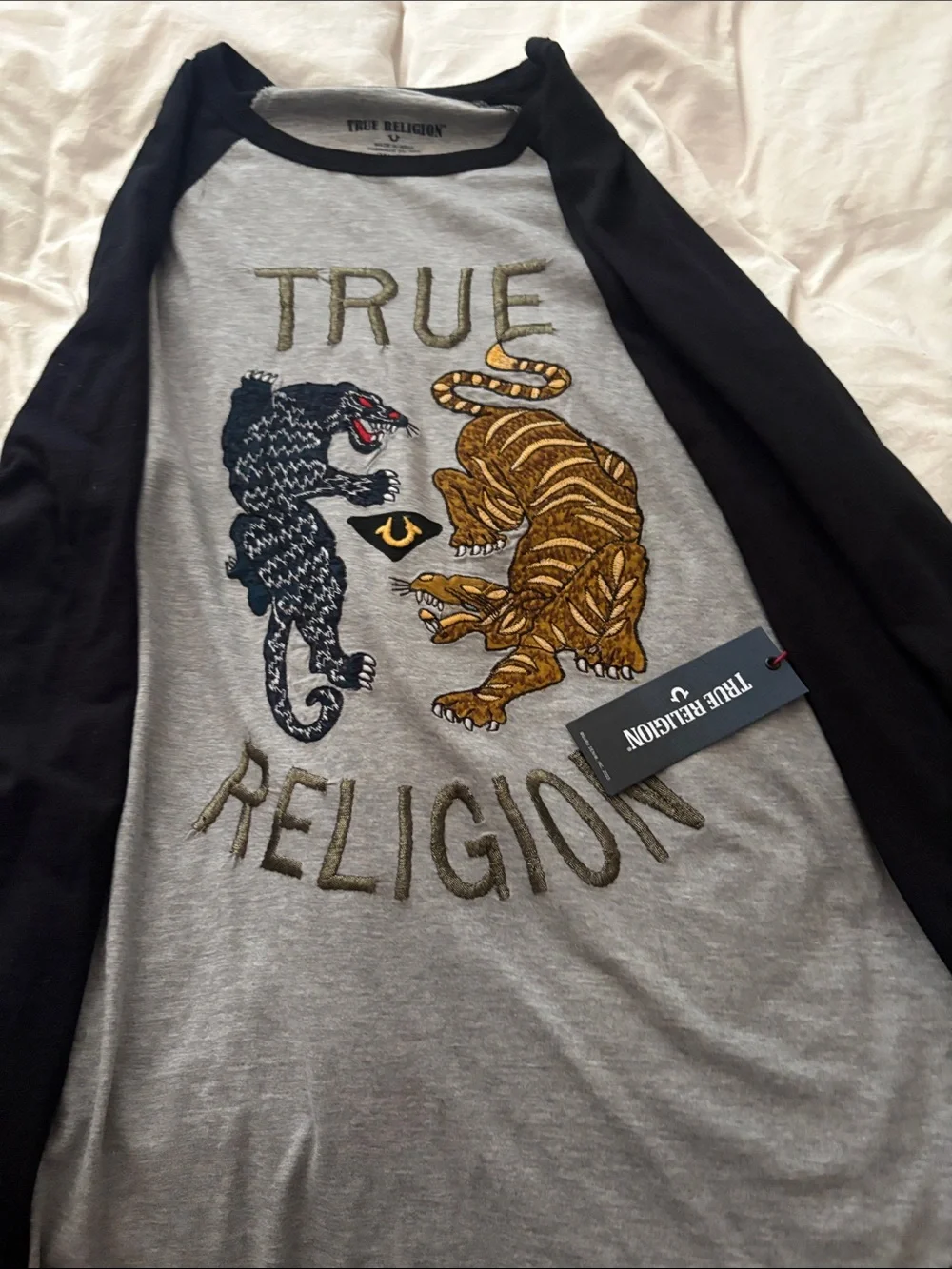 True Religion Kids Black & Gray Embroidered Tiger & Panther Raglan Tee